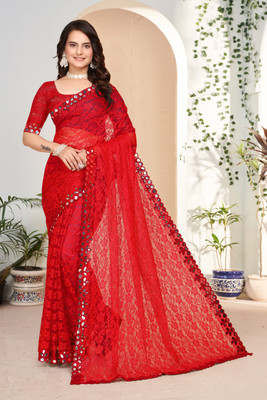 MAA CREATION Embellished Bollywood Net Saree(Red)