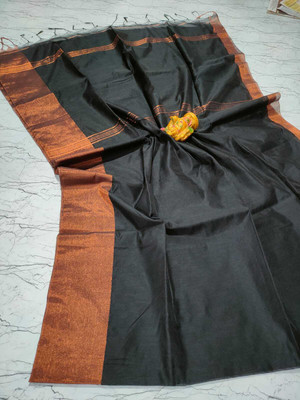 sahatextiledam Solid/Plain Handloom Cotton Blend Saree(Black)