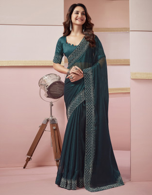 Satrani Embellished Bollywood Jimmy choo, Chiffon Saree(Green)