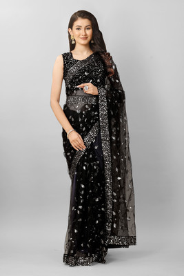 KCBRO Embroidered Bollywood Net Saree(Black)