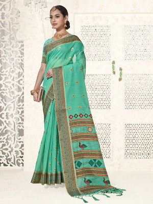 sagarika Woven Bollywood Linen Saree(Light Green)