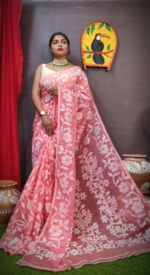 OWALID Self Design Jamdani Cotton Silk Saree(Orange)