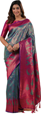 Tasrika Woven, Paisley Kanjivaram Silk Blend, Jacquard Saree(Magenta, Light Green)