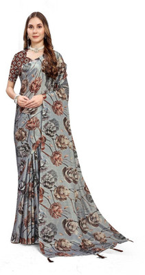 maktun Floral Print Bollywood Silk Blend, Satin Saree(Brown)