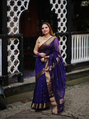 Bansari Textiles Woven Kanjivaram Jacquard Saree(Dark Blue)