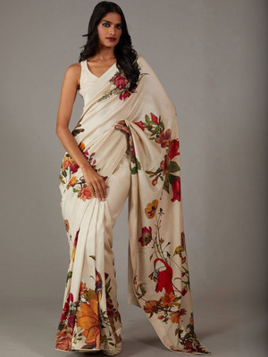 Moda Rapido Printed Daily Wear Silk Blend Saree(Beige)