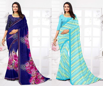 Panchvati NX Printed Daily Wear Georgette Saree(Pack of 2, Blue, Dark Blue)