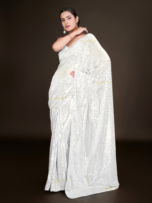Bluebirdimpex Embellished Bollywood Georgette Saree(White)