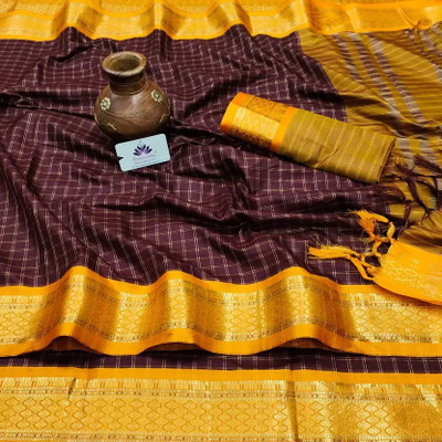 JbWorld Checkered, Woven, Embroidered Gadwal Cotton Silk, Pure Silk Saree(Maroon, Yellow)