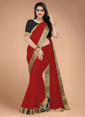 Volmina Solid/Plain, Woven Chanderi Cotton Blend Saree(Red)