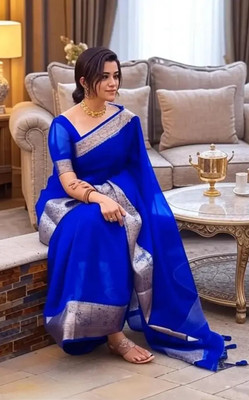 Ss sarees Solid/Plain, Woven Banarasi Organza Saree(Blue)