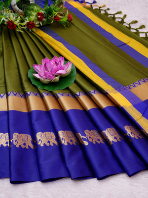 vrindavrihas Self Design, Animal Print Daily Wear Cotton Silk, Pure Silk Saree(Dark Green)