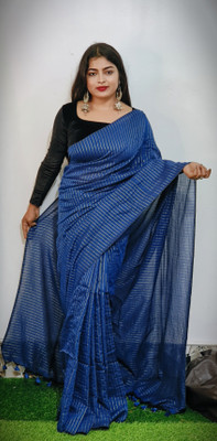 HouseOfCommon Solid/Plain Handloom Handloom Cotton Blend Saree(Blue)