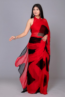 HouseOfCommon Digital Print Handloom Chiffon Saree(Red, Black)