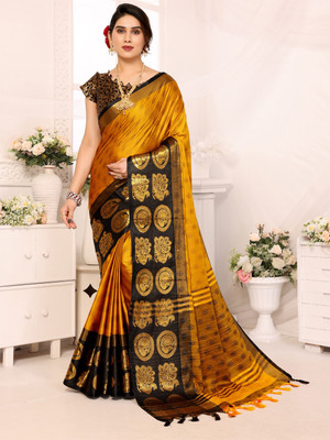 HouseOfCommon Woven, Checkered, Embellished, Self Design Dharmavaram Jacquard, Cotton Silk Saree(Gold, Black)