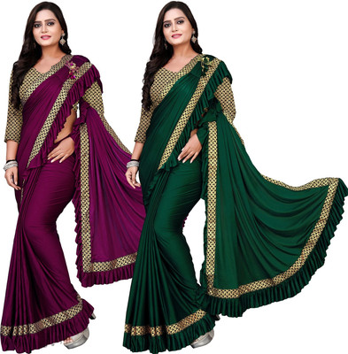 DECOFIN Woven, Solid/Plain Bollywood Lycra Blend Saree(Pack of 2, Purple, Dark Green)
