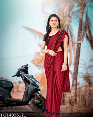 WOSTON Solid/Plain Bollywood Lycra Blend Saree(Red)
