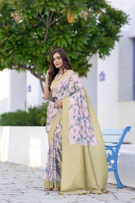 WISHLIST Digital Print Banarasi Silk Blend Saree(Green)