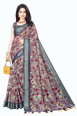 J6 Designers Floral Print Bollywood Cotton Blend Saree(Brown)