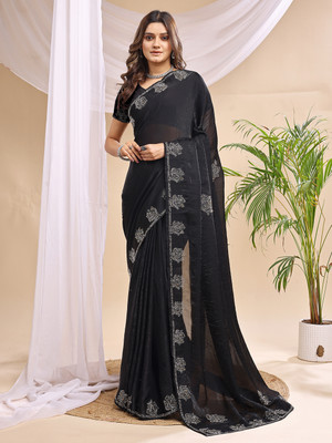 HERVALLY Woven Bollywood Chiffon Saree(Black)