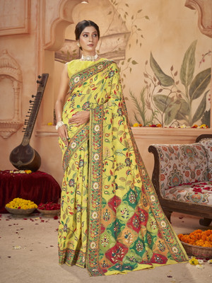 Sariya Woven Banarasi Jacquard, Silk Blend Saree(Yellow)