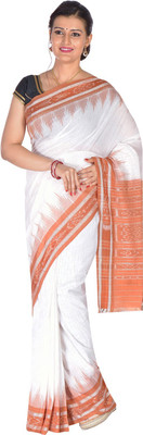 handloom paridhaan Self Design, Striped Sambalpuri Pure Cotton Saree(White)