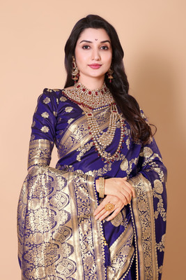 RIVETSTYLE Printed Bollywood Silk Blend, Jacquard Saree(Blue)