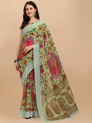 Divastri Digital Print Kalamkari Cotton Linen Saree(Multicolor)