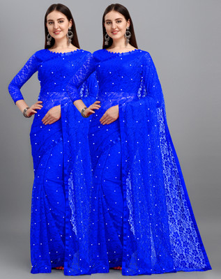 LOROFY Self Design Bollywood Net Saree(Pack of 2, Blue)