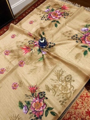 WILLMAKE Printed, Applique, Embellished, Floral Print, Woven Bollywood Cotton Linen Saree(Cream)