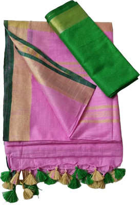 WEAVE TRENDS Printed Bhagalpuri Cotton Linen Saree(Pink)