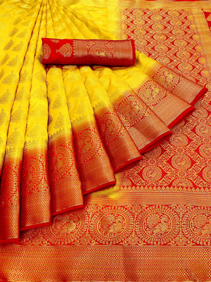 FAB WOVEN Woven Kanjivaram Art Silk Saree(Yellow)