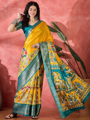 Blissta Checkered Kalamkari Silk Blend Saree(Yellow)