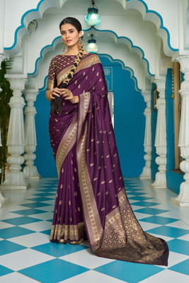 all about you Woven Bollywood Cotton Silk Saree(Purple)