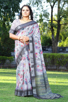 HIYAMI Printed Bollywood Cotton Linen Saree(Grey)