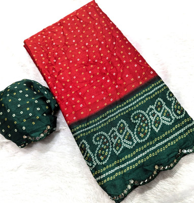 Yogik Creation Printed Bandhani Art Silk Saree(Red, Green)