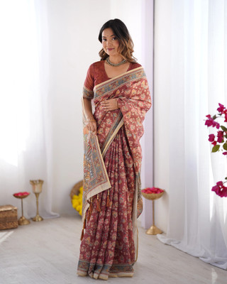 DHAYNAAND REEWA FASHION Digital Print Kalamkari Linen Saree(Brown)
