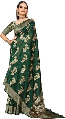 GINNYPRINTS Self Design, Floral Print, Embellished, Woven, Applique Banarasi Organza Saree(Dark Green)