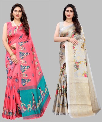 ANIRAV Self Design, Digital Print, Printed Mysore Art Silk Saree(Pack of 2, Pink, Grey)