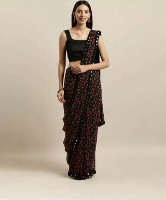 ROOP SUNDARI SAREES Printed Daily Wear Georgette Saree(Black, Red)