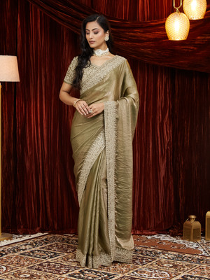 KASEE Embroidered Bollywood Silk Blend Saree(Gold)