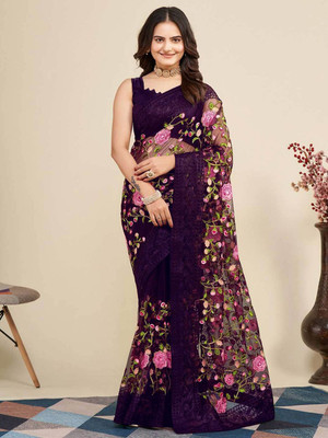 Vinayak Textile Embroidered Bollywood Net Saree(Purple)