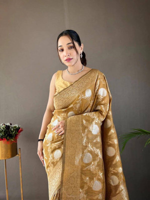 Neel Fashion Self Design Banarasi Silk Blend Saree(Gold)