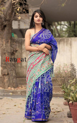 HIYAMI Printed Bandhani Pure Cotton Saree(Blue)