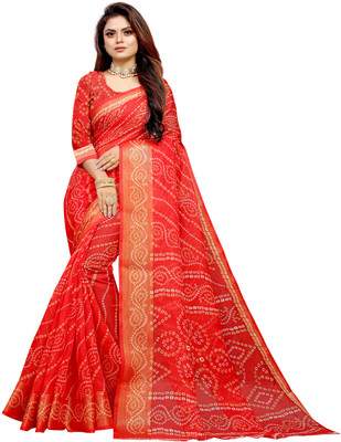 Saadhvi Floral Print Banarasi Cotton Blend Saree(Red)