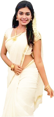 Gugaliya Solid/Plain Kasavu Pure Cotton Saree(White)