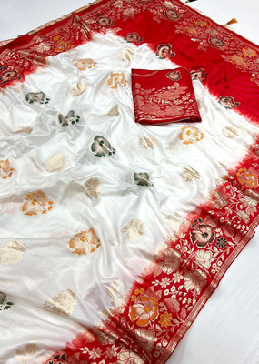 sareya veela Woven Banarasi Silk Blend Saree(White, Red)