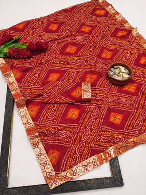 Kanooda Prints Printed Leheria Georgette Saree(Red)