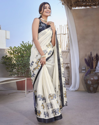 YASHIKA Printed Daily Wear Art Silk Saree(White, Black)