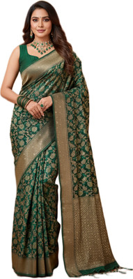TRIPTEE INSIGHT HUB Geometric Print, Floral Print, Woven Assam Silk Cotton Silk Saree(Green)